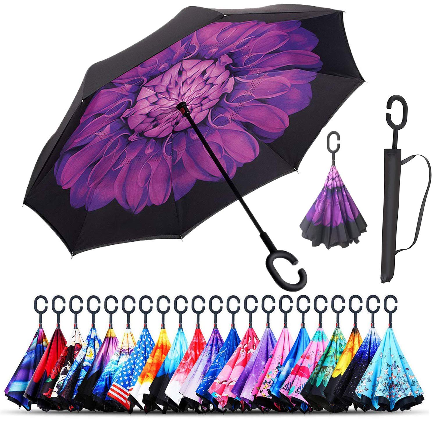 Monstleo Double Layer Inverted Umbrella Cars Reverse Umbrella, Windproof UV Protection Big Straight Umbrella for Car Rain Outdoor With C-Shaped Handle and Carrying Bag