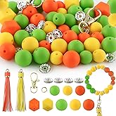 Sunrony 60Pcs Mixed Yellow Orange Green Tassels Keychains Rhinestone Spacer Round Hexagon Silicone Beads for Keychain Making and Necklace Bracelet, 12mm 14mm 15mm Silicone Beads for Pens Crafts