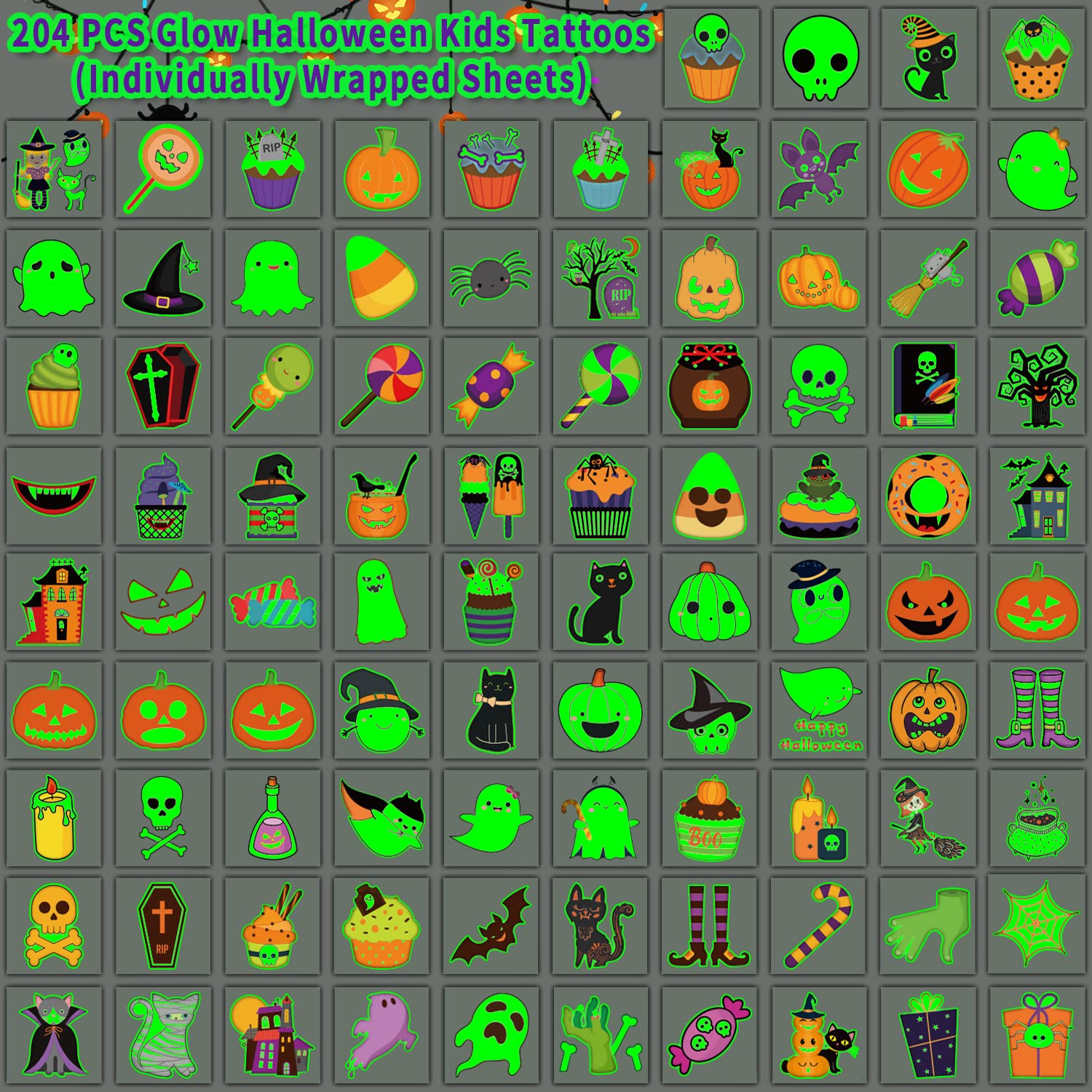 PARTYWIND 204 PCS Individually Wrapped Sheets Glow Halloween Tattoos for Kids Party Decorations, Luminous Pumpkin Tattoo Stickers, Kids Halloween Treats, Party Supplies