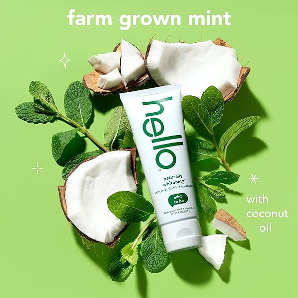 HELLO NATURALLY WHITENING FLUORIDE TOOTHPASTE, NATURAL WHITENING TOOTHPASTE WITH COCONUT OIL AND TEA TREE OIL, TAMES BAD BREATH, HELPS MOISTURIZE, AND FIGHTS CAVITIES, MINT, 3 PACK, 4.7 OZ TUBES