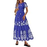 PRETTYGARDEN Boho Dresses for Women 2026 Summer Spring Casual Floral Short Sleeve V Neck Maxi Elastic Waist Dress Pockets