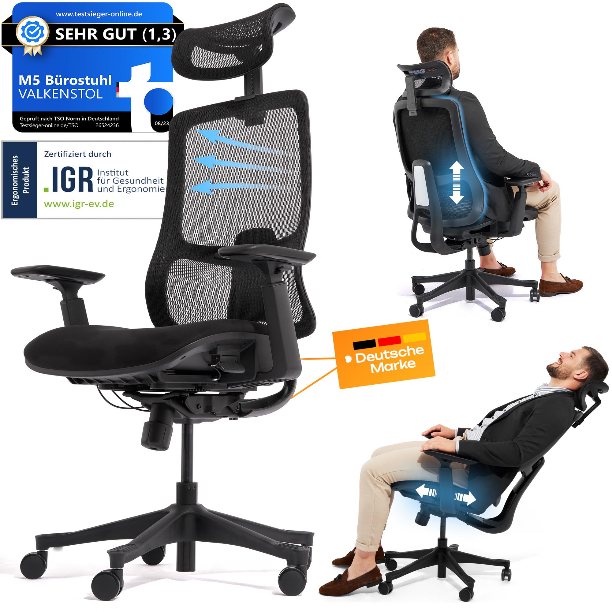 VALKENSTOL M5 Bürostuhl Ergonomisch Testsieger, Einstellbarer für maximale Bewegungsfreiheit, Rückenfreundliche Bürostühle, Lendenwirbelstütze Schreibtischstuhl für Büro und Home Office Chair