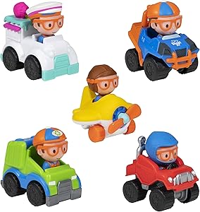 Blippi Mini Mobiles, 5 Pack Mini Vehicles - Features Character Toy Figure In Each Vehicle: Mobile/Car, Monster Truck, Recycle Truck, Ice Cream Truck, and Airplane - Educational Toys for Young Children