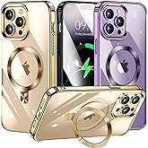 [CD Loop Compatible with MagSafe Invisible Ring Stand]Magnetic for iPhone 14 Pro Max Case, [Electroplated Bumper Non-Yellowing][Look as Bare iPhone]Slim Clear Case with Holder for Women Men Girls