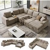 VANOMi Modular Sectional Sofa with Storage, Pull Out Sectional Couch, Camel | Chaise with Hidden Storage, Console with Cup Holder &amp; USB Port, 119" W Sectional L-Shaped Sofa for Living Room, Big Family