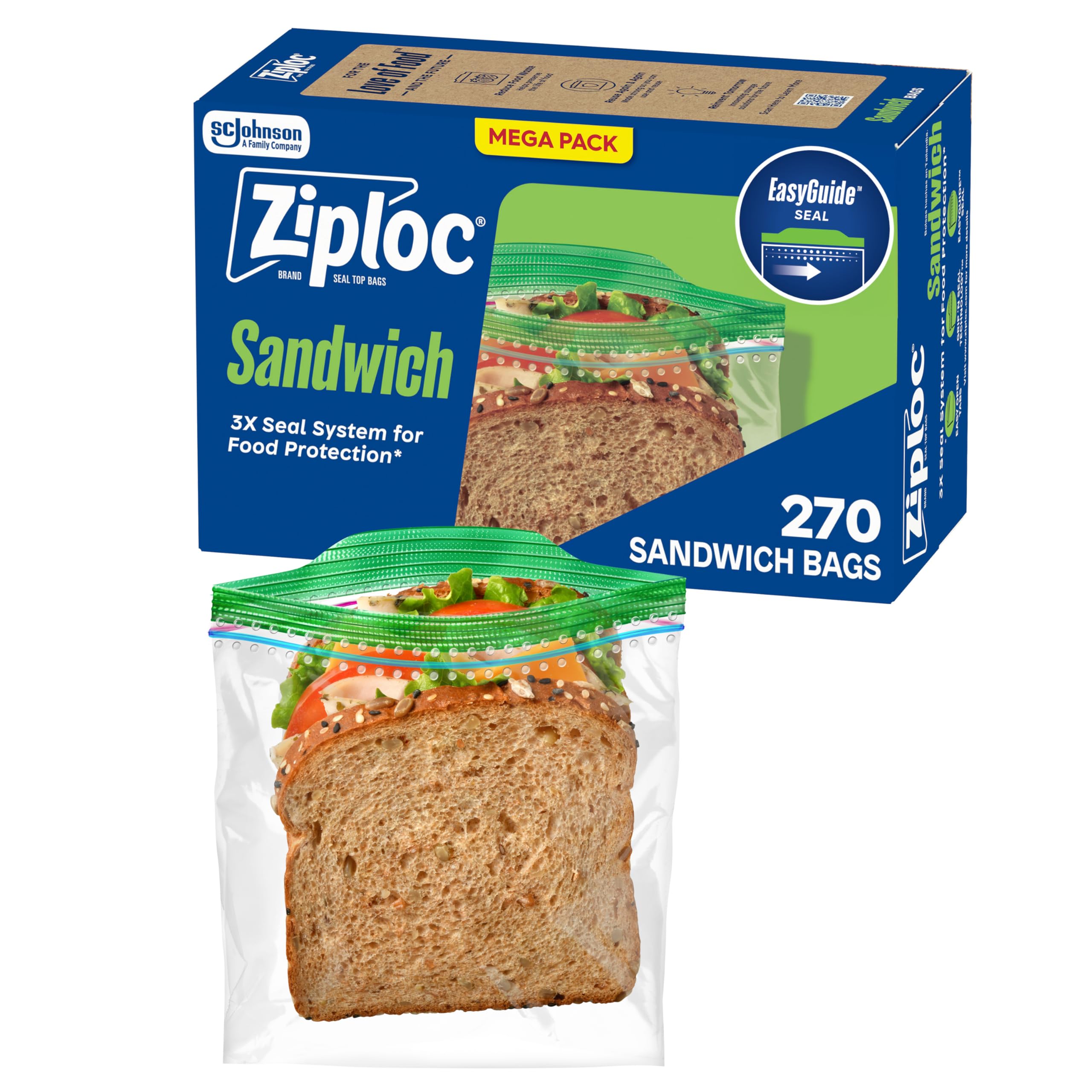 Photo 1 of ****DAMAGED BOX***Ziploc Sandwich and Snack Bags with EasyGuide Texture, Plastic Storage Bags with Grip 'n Seal Technology, 270 Bags Total (Packaging May Vary)