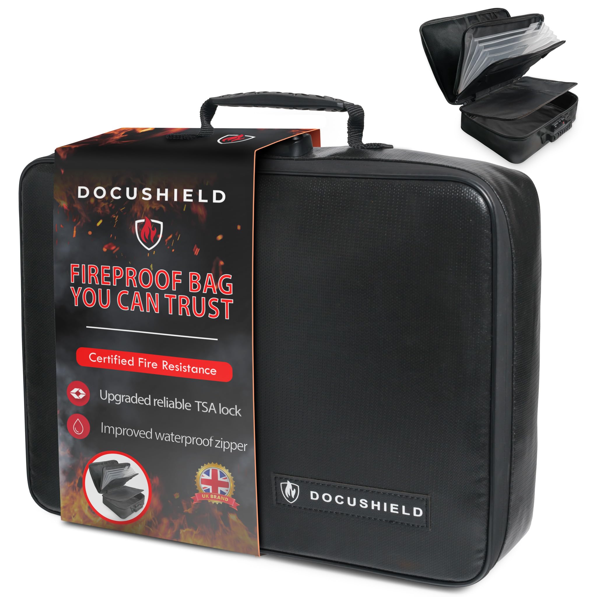 DocuShield Fireproof Document Box | Water Resistant & Fireproof Document Bag | Lightweight & Portable Box with Dividers & Pockets for File Storage | UK Brand | Fibreglass | TSA Lock (Original Plus+)