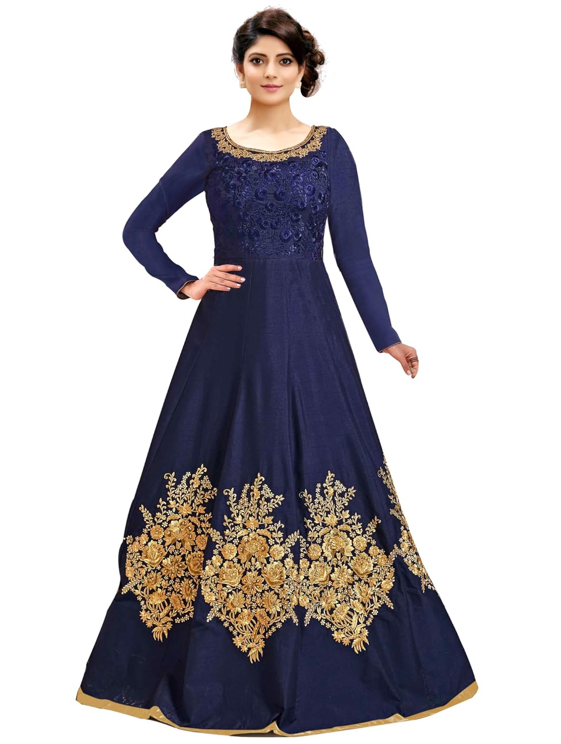 siddeshwary fab women's taffeta silk anarkali gown (navy blue_ free size_semi stitched)