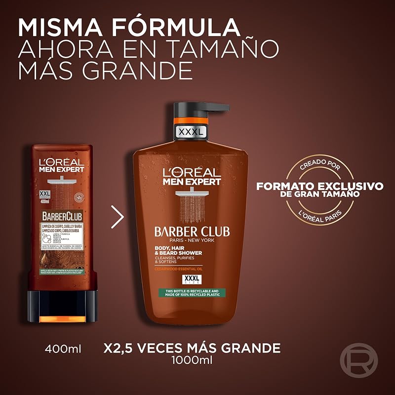 Gel douche Barber Club formulé avec de l'huile de bois de cèdre pour nettoyer, nourrir et hydrater la barbe, la peau et les cheveux, 1L