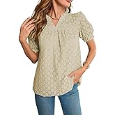 Falechay Tops For Women 2025 Boho Floral Short Puff Sleeve Shirts Summer Flowy V Neck Casual Lace Blouses