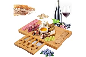 Hossejoy Bamboo Cheese Board Set with Drawer Wooden Charcuterie Tray Platter Including 4 Stainless Steel Knife and Serving Ut