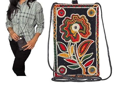 SANVIKART Gifting Handicraft Ladies Traditional Mobile Pouch Wallet Saree Waist Clip Flower Design Ladies Purse Mobile Clutch Pouch (Design May Vary)