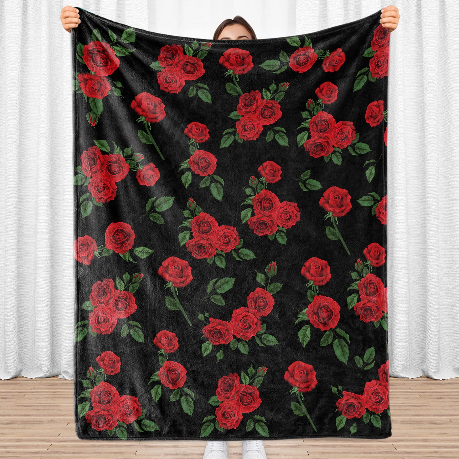 Sowide Rose Blanket For Women, Red Roses Throw Blanket, Warm Soft Lightweight Fuzzy Blankets, Black Red Flannel Cozy Plush for Valentines Girls Mother, Couch, Home, Living Room, Office, 50"x60"