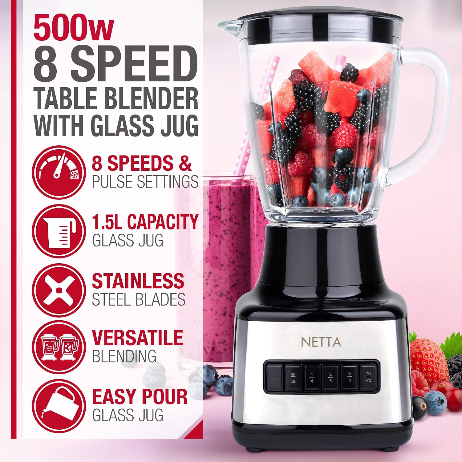 NETTA Table Blender & Smoothie Maker, 500W Electric Jug Mixer with 1.5L Glass Jug, 8 Speed Settings & Pulse Function - Image 3