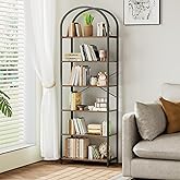 Homhedy 6-Tier Bookshelf Arched Display Racks, Wood and Metal Bookcase, Tall Bookshelf, Industrial Display Standing Shelf Unit, for Home Office, Living Room, Bedroom, Bathroom, Rustic Brown