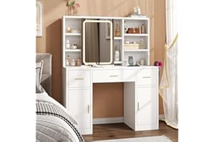 knoworld Vanity Desk with Sliding Mirror & LED Lights, Smart Makeup Table with Charging Station, Hairdryer Holder, 7 Shelves, 3 Drawers, 2 Cabinets, Vanity with Extra Hidden Stroage for Bedroom,White