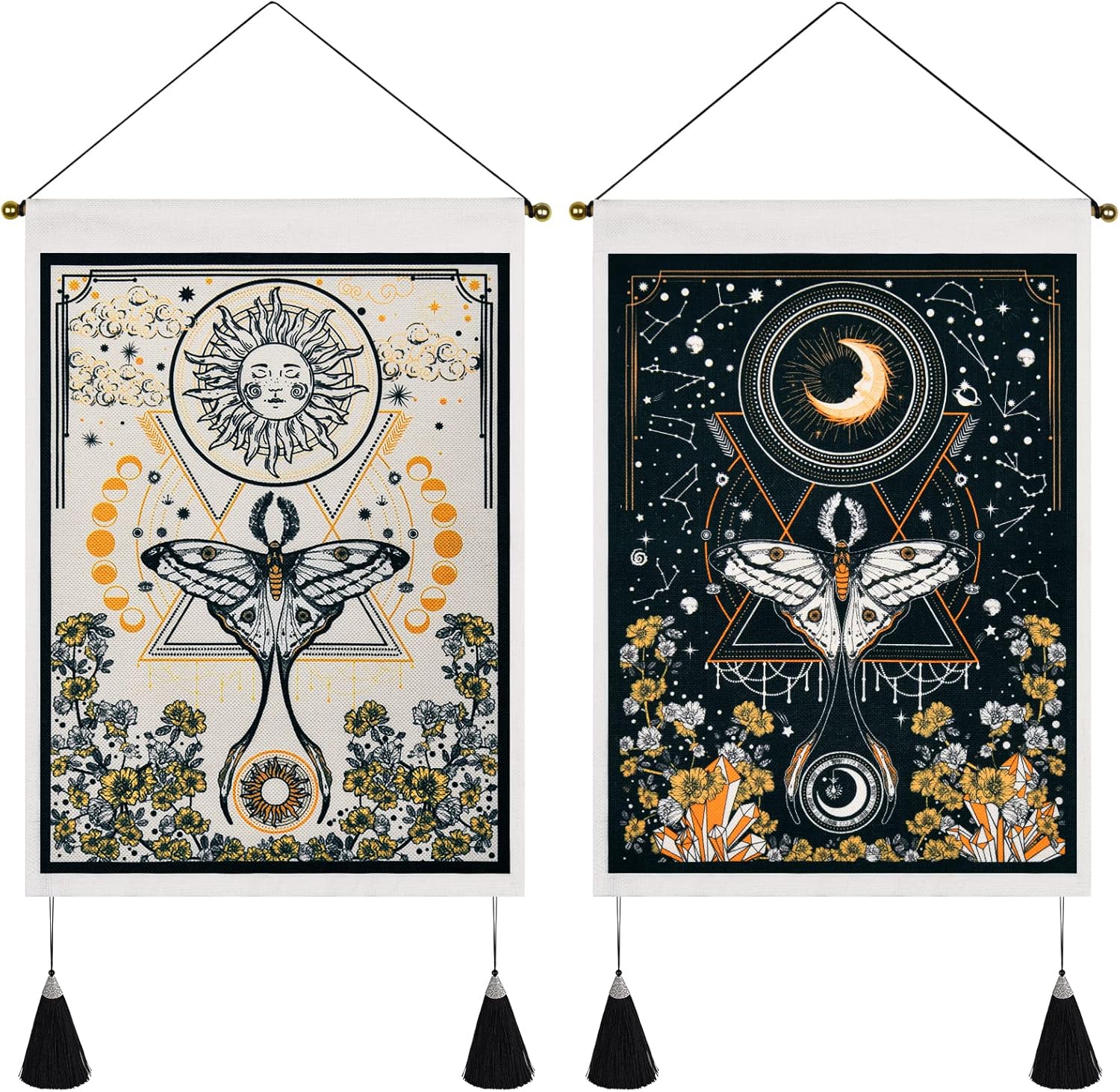 Tapestries - Lyacmy Pack of 2 Tapestry Sun and Moon Tapestry Moth Tapestries Yelllow and Orange Tapestry Flower Vine Tapestry Wall Hanging for Room (13.8 x 19.7 inches)