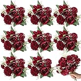 Lyrow 8 Pcs Peony Artificial Flowers Fake Silk Hydrangea Bouquet Elegant Peony Flowers for Wedding Decoration Faux Realistic Floral for Home Party Table Centerpieces Arrangement (Claret)