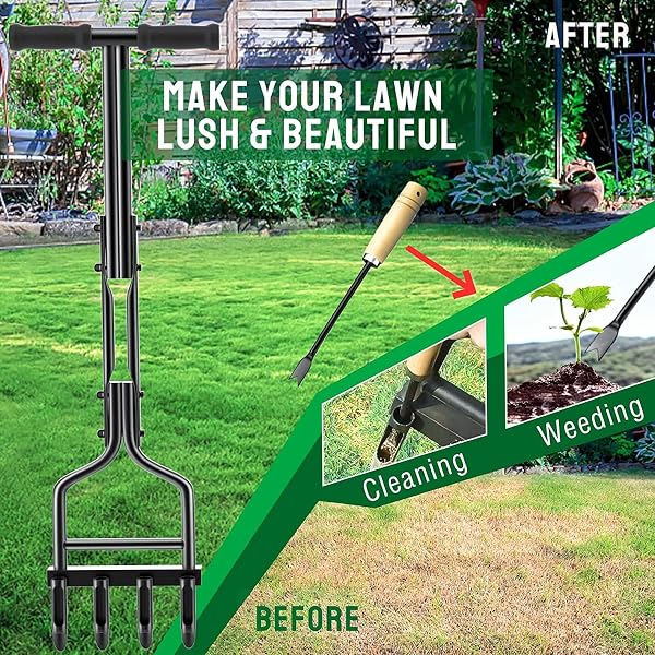 EEIEER LAWN AERATOR – MANUAL CORING TOOL WITH CLEANING TOOL, 4 SLOT AERATION FOR COMPACTED SOIL & GARDEN CARE