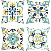 Joymaison Blue Mediterranean Moroccan Throw Pillow Covers 18x18 Inch Set of 4 Vintage Abstract Geometric Mandala Flower Cushion Covers Home Decor for Couch Cushion Cases