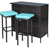 WENTUM 3 Piece Patio Bar Set,Patio Wicker Bar Furniture with 2 Storage Shelves, Glass Top Table, Cushions and Two Stools,Outside Bars for Patio Entertainment, Blue