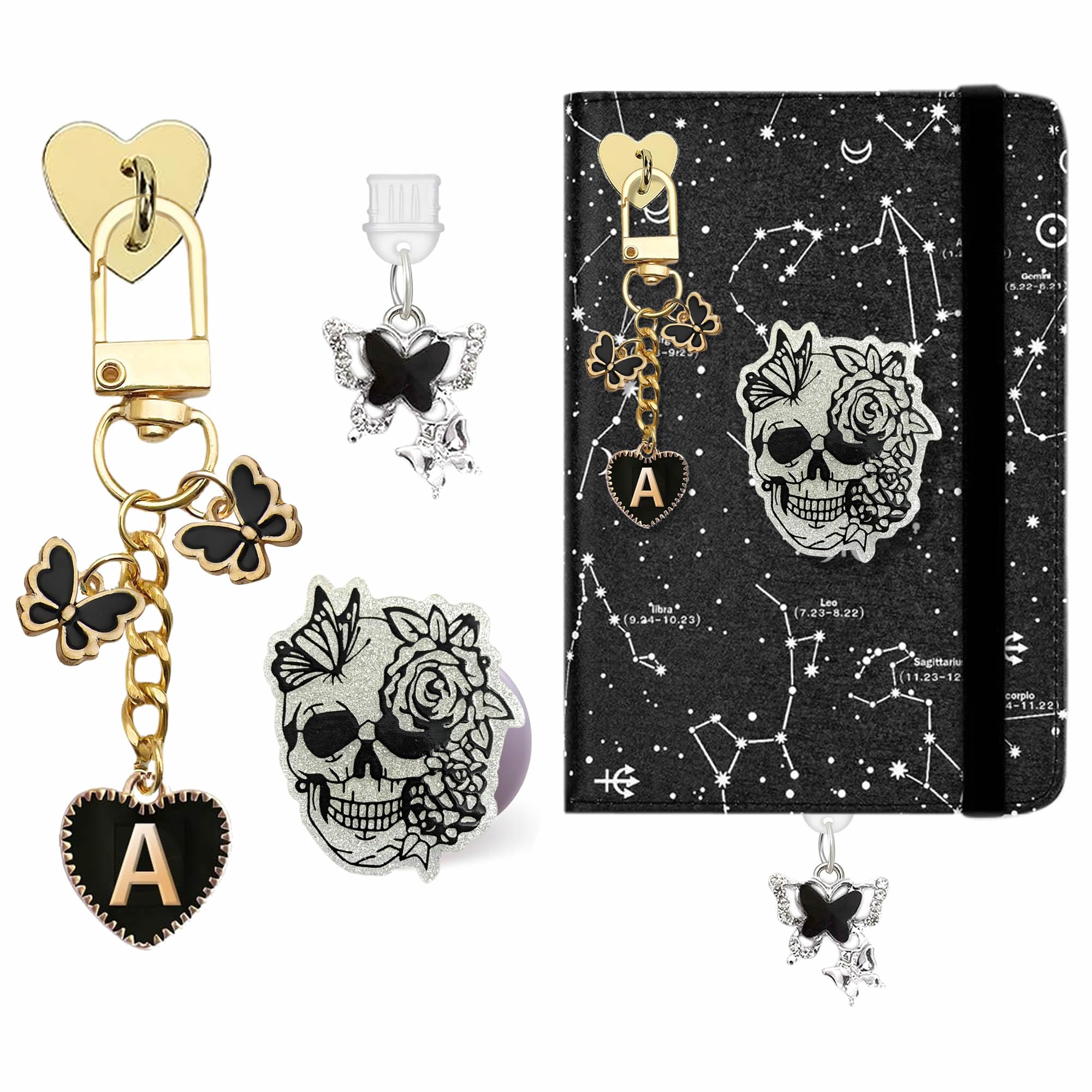 Charm Set for Kindle, Type-C Dust Plug with Butterfly Charm, Heart Grip Holder, Initial Keychain, Compatible with Paperwhite 11th/12th Gen (Black, A)