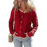 Watashi Long Sleeve Sweater for Women Casual Button Up Colorblock Cable Knit Round Neck Fall Winter Cardigans Coats