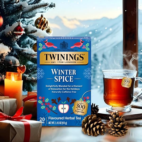 TWININGS WINTER SPICE HERBAL TEA INDIVIDUALLY WRAPPED, 20 COUNT (PACK OF 1), CAMOMILE, APPLE, CINNAMON, & CLOVE, NATURALLY CAFFEINE-FREE, ENJOY HOT OR ICED, 20 TEABAGS