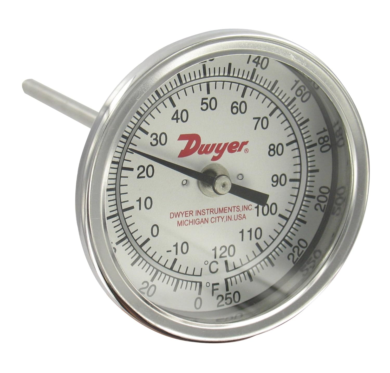 Dwyer Bimetal Thermometer, BTA54010D, 0200°F (20100°C), 5" Dial, 4" Stem, Adjustable Angle