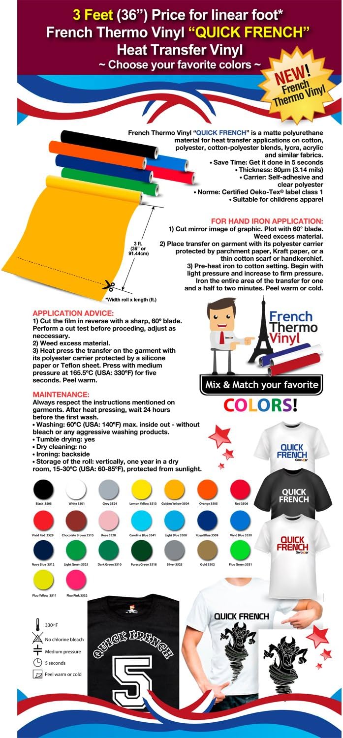 Gercutter´s Store: 3 Feet (36") Price for linear foot - French Thermo Vinyl “QUICK FRENCH” Heat Transfer Vinyl - Color: BLACK (on Cotton or Polyester Mesh and Poly-blend Fabrics)
