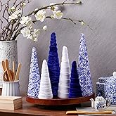 Anglechic 6 Pcs Chinoiserie Blue White Decor Velvet Cone Tree Vintage Tabletop Wedding Velvet Cone Trees Set Farmhouse Tiered Tray Ornaments for Home Wedding Party Christmas Holiday Mantle