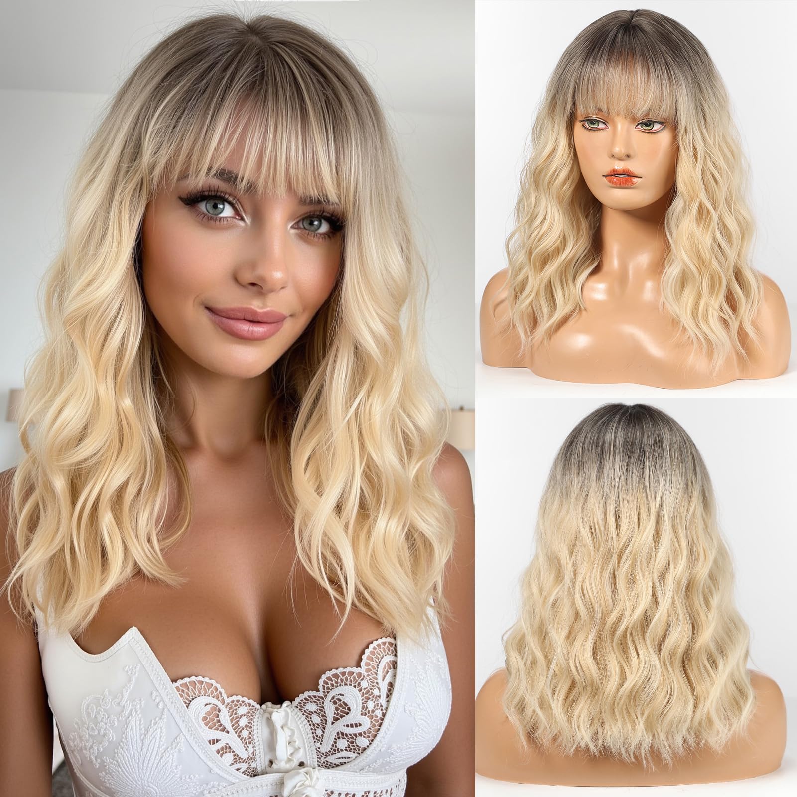 WOKESTAR Bob Wigs With Neat Fringe, Wavy Synthetic Wigs for Women Light Blonde with Highlights Color