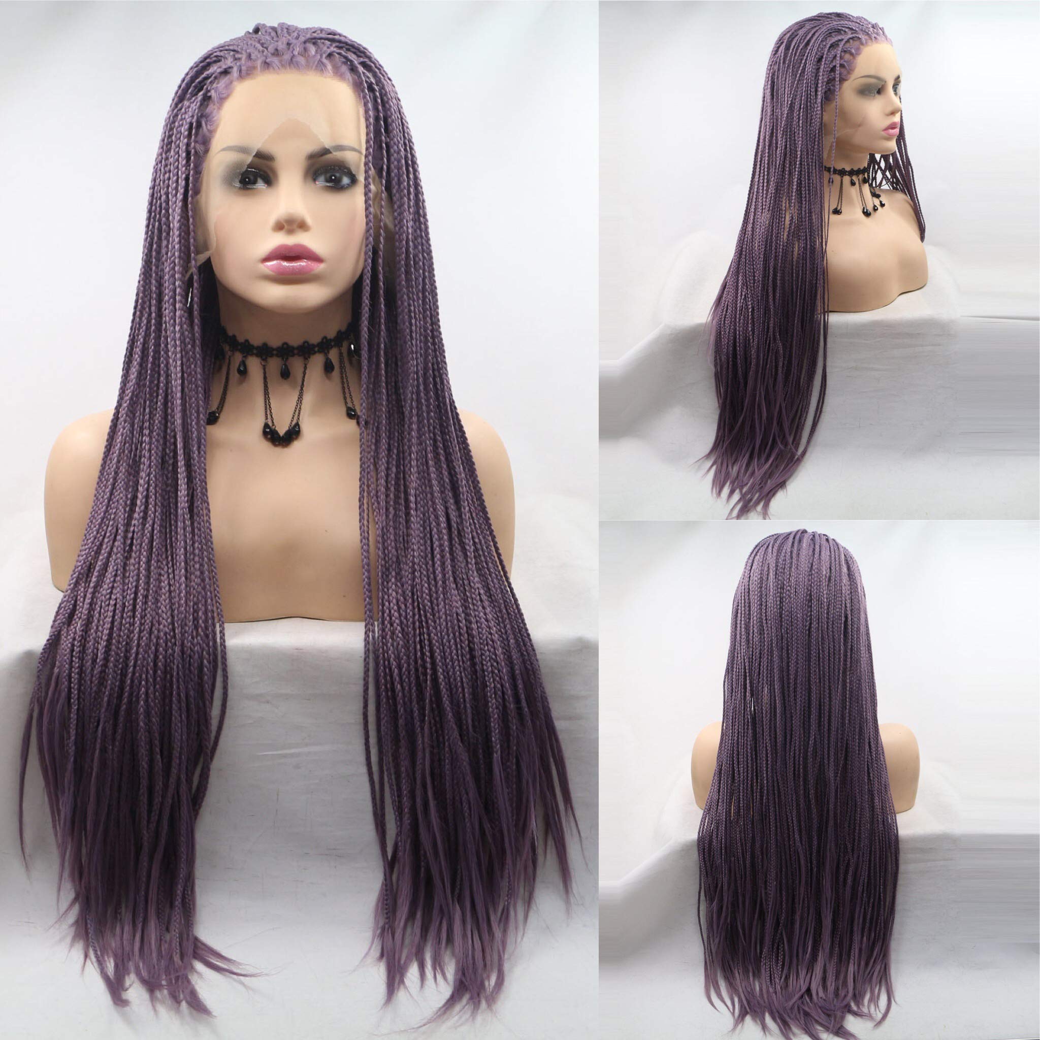 Xiweiya Long Ash Purple Micro Braided Afro Wig Synthetic Lace Front Braid Wigs Free Part Wig Long Soft Wig Hair Replacement Wig for Women, Drag Queen Makeup 24 inch
