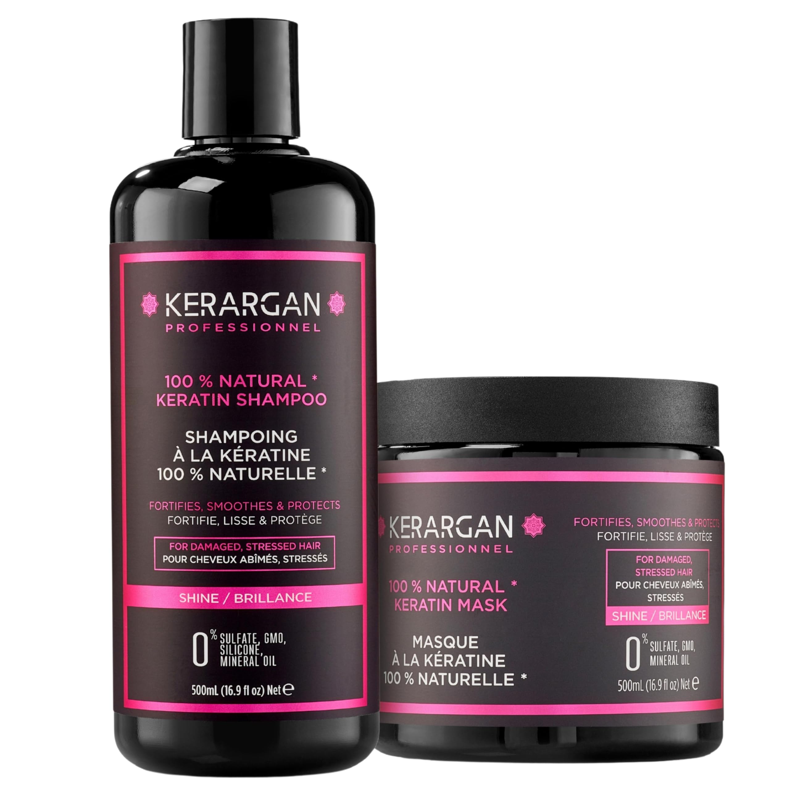 Kerargan - Keratin Shampoo and Mask to strengthen, moisturize and protect your hair - Ideal for straightening - For dry and damaged hair - Sulfate, paraben and silicone free - 2x500 ml