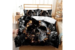 AILONEN Boys Skull Duvet Cover Set - Queen Size, Grey Skeleton Fire Skull Goth Bedding Set with 2 Pillowcases