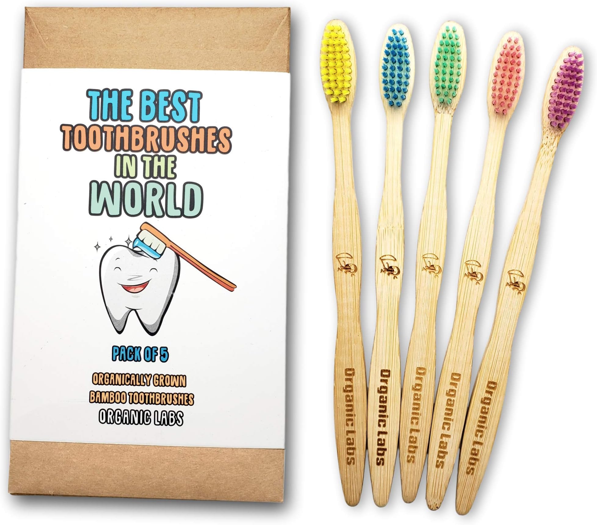 Organic Labs - Natural Bamboo Toothbrush BPA-Free Bristles (Pack of 5)