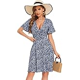 Navy Blue Summer Dresses for Women 2025 Casual V-Neck Floral Wrap Vacation Sundress Flutter Sleeve Knee Length Graduation Dress