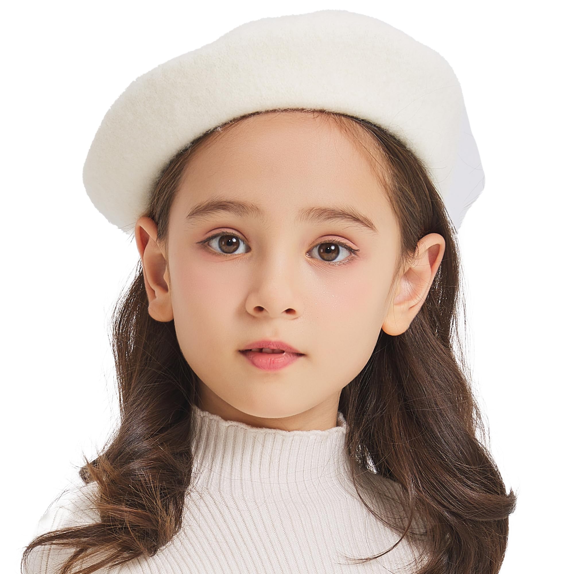 ZLYC Wool Kids Beret Hat Girls Solid Color Artist French Beret Cap(Solid White)
