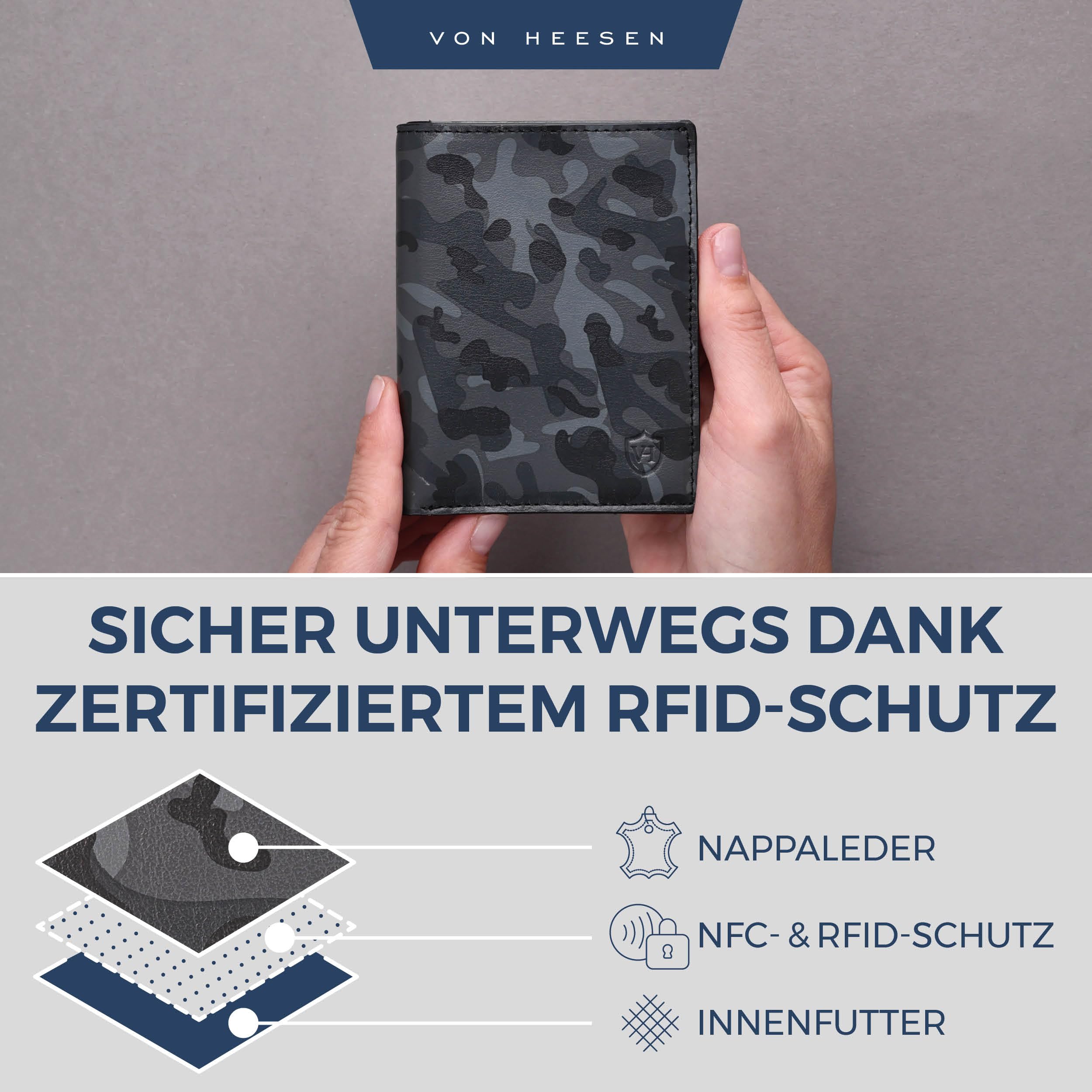 VON HEESEN® Leder Geldbörse Herren mit Münzfach & RFID Schutz I Echtleder Geldbeutel für Männer & Damen I Portemonnaie Brieftasche Wallet Portmonee (Camouflage Grau) 5