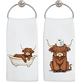 LADOCK Funny Highland Cow Bathroom Hand Towels, Highland Cow Bathroom Decor, Cute Scottish Cattle Farm Animal Hand Towels for Kids Bath Room Washroom Decor, 16x24 Inch Set of 2
