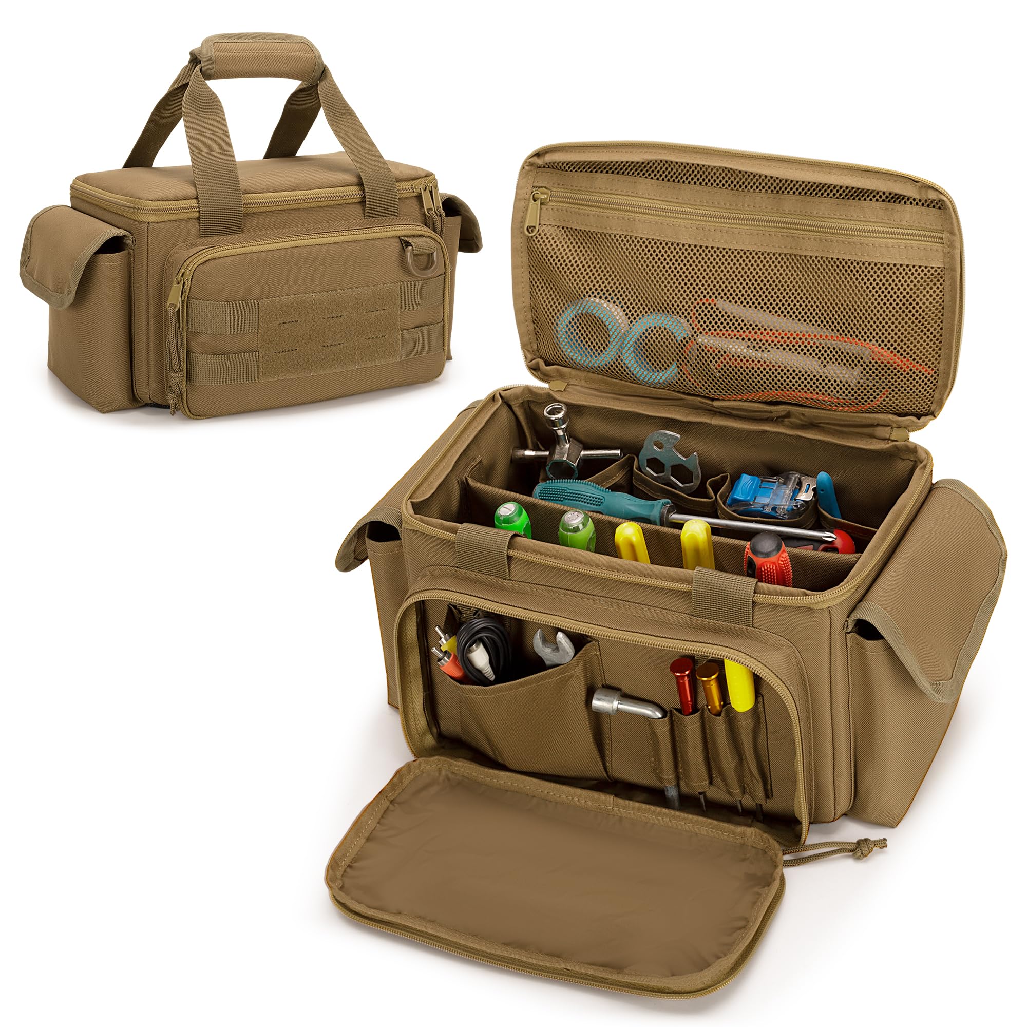 Photo 1 of Rexmica Small Tool Bag with Anti-friction and Thick Padded Bottom, Tool Storage Organizer for Men, Tactical Bag, Range Bag, Multi-functional Work Tote for Repairman, Electrician, Carpenters (Khaki)