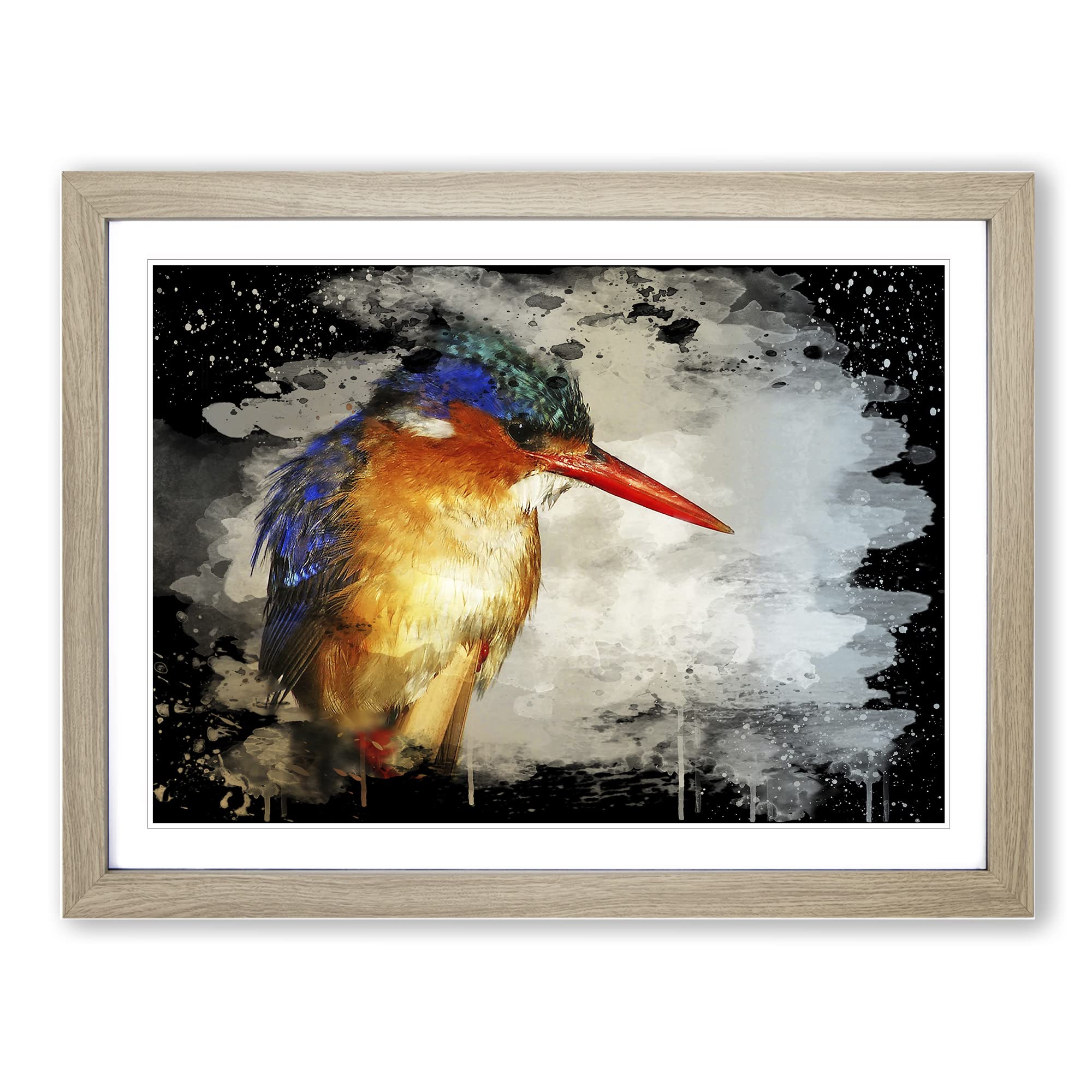 Kingfisher Bird Modern CB Framed Print | A4 Oak Framed Wall Art | Ready to Hang | Modern Nature Picture | Living Room Bedroom Lounge Office