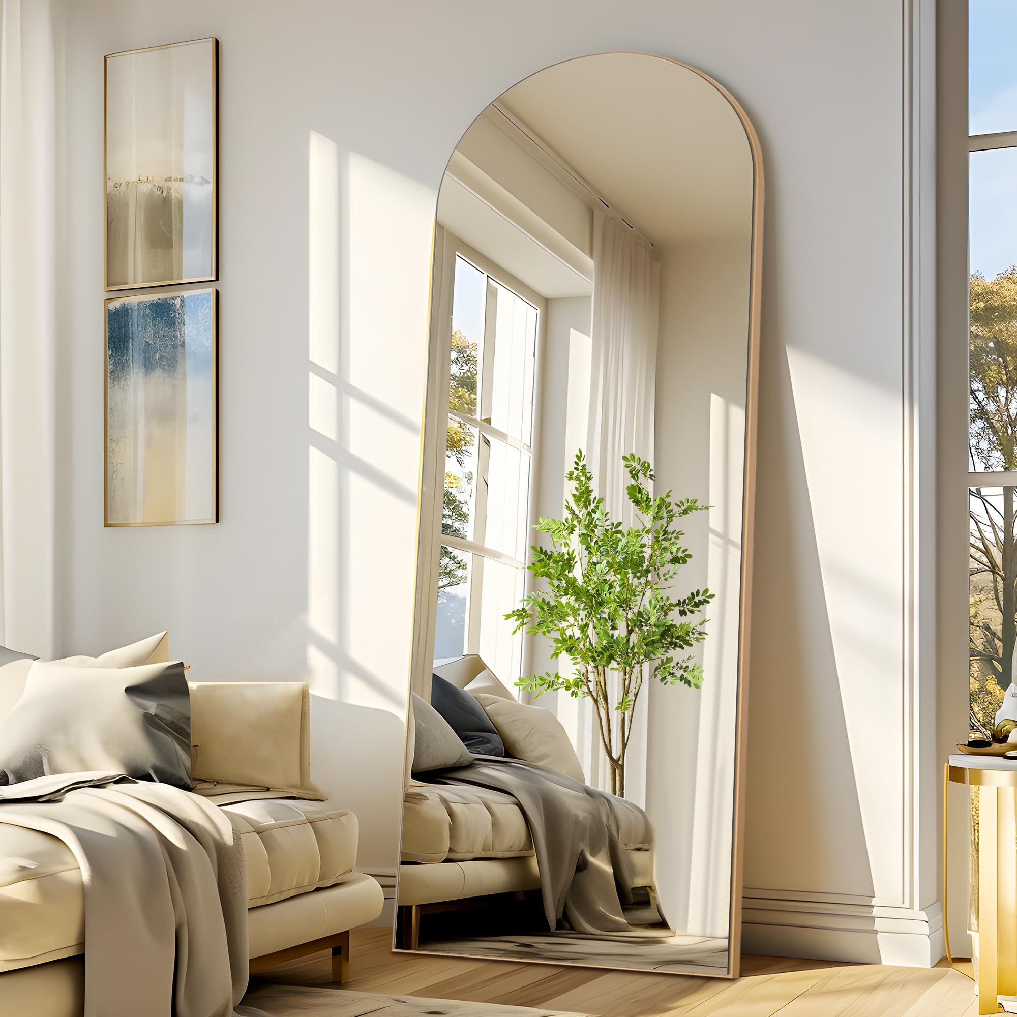 Photo 1 of NeuType Arched Full Length Mirror, 65"x22" Wooden Thin Frame, Hanging or Leaning Against Wall, Oversized Large Full Body Floor Mirror for Dressing,Bedroom Gold