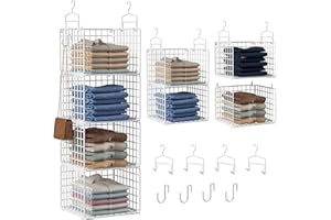 Orapoke Hanging Closet Organizer, 4 Tier Metal Closet Organizers and Storage with 4 Hanging Hooks 4 S-Hooks for Wardrobe Laundry Room, Wire Storage Shelf for Clothes Sweaters Pants (White)