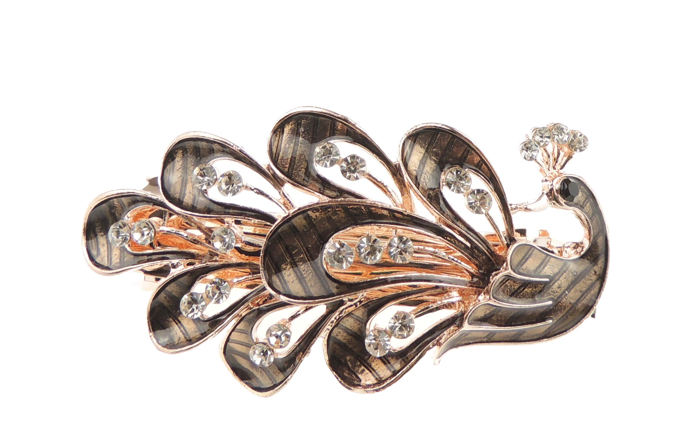 Womens Girls Crystal Rhinestone Diamante Wedding Birthday Party Evening Ponytail Fine Medium Occasion Barrette Hairpin Grip French Spring Clip Metal Enamel Peacock Bird Feathers (Brown)