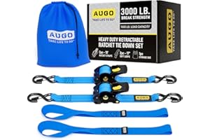 AUGO Retractable Ratchet Straps | 2 Heavy Duty Ratchet Straps Self Retractable Tie Down Straps with Soft Loops & Storage Bag for Motorcycle, Truck, Trailer, Cargo Van | 3000 Lb Break Strength 2” x 10’