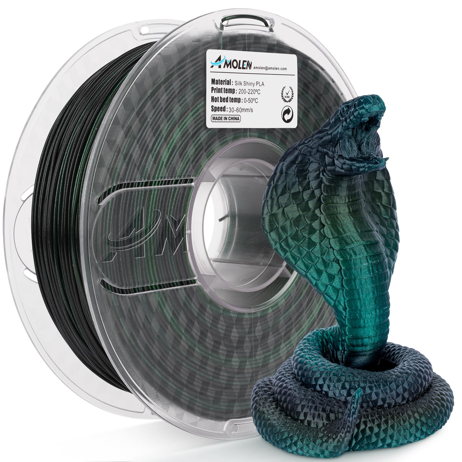 AMOLEN 3D Printer Filament, Silk PLA Filament 1.75mm, Shiny Black & Green Color Changing, 1KG/2.2lb Spool for 3D Printing