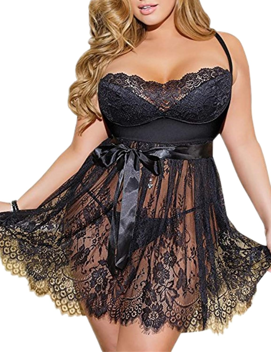 Produktbild ohyeahlady Babydoll Spitzen Negligee + G-String schwarz,Größen XS-6XL Foto Produktbild ohyeahlady Babydoll Spitzen Negligee + G-String schwarz,Größen XS-6XL Foto