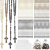 Lnrueg 48 Pcs Wooden Bead Rosary Necklaces with Organza Bags, Jesus Cross Pendant Rosary Necklace, First Communion Beads, Catholic Gifts Baptism Favors, 4 Colors