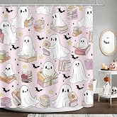 APROPHIC Halloween Cute Pink Ghost Shower Curtain for Bathroom 72x72 Inches | Halloween Bathroom Decor Funny Spooky Ghost Bat Reading Book, Waterproof Quick Dry Machine Washable Bath Shower Curtain